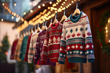 a row of sweaters hanging on a front christmas tree - obrazy, fototapety, plakaty