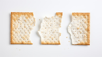 Cracker quebrou em três pedaços, fundo branco