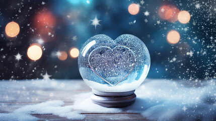 Fototapeta na wymiar bola de cristal com coração dentro , amor em cenário de inverno natalino 