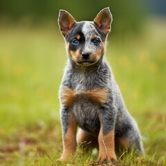 Naklejka na ściany i meble Australian Cattle Dog puppy sitting on the green meadow in summer green field. Portrait of a cute Australian Cattle Dog pup sitting on the grass with summer landscape in the background. AI generated