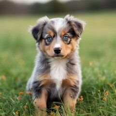 Australian Shepherd puppy sitting on the green meadow in summer green field. Portrait of a cute Australian Shepherd pup sitting on the grass with summer landscape in the background. AI generated dog.