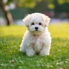 Bichon Frise puppy sitting on the green meadow in summer green field. Portrait of a cute Bichon Frise pup sitting on the grass with summer landscape in the background. AI generated dog.