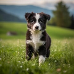 Naklejka na ściany i meble Border Collie puppy standing on the green meadow in summer green field. Portrait of a cute Border Collie pup standing on the grass with summer landscape in the background. AI generated dog