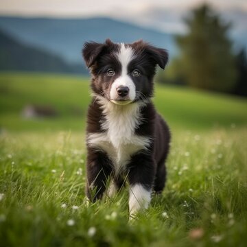 Border Collie puppy standing on the green meadow in summer green field. Portrait of a cute Border Collie pup standing on the grass with summer landscape in the background. AI generated dog