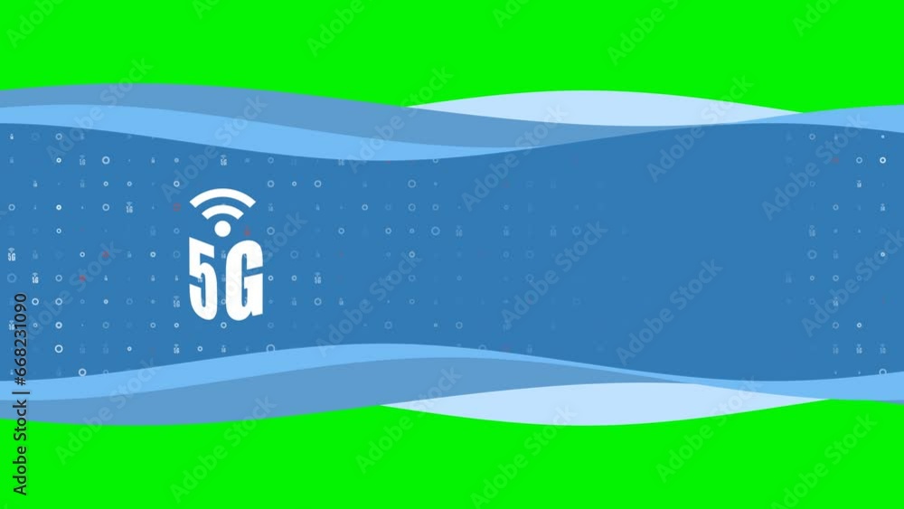 Poster animation of blue banner waves movement with white 5g symbol on the left. on the background there ar