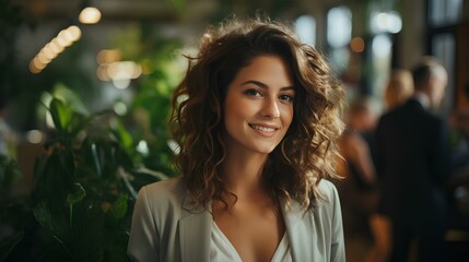 Fototapeta premium A female freelancer with a smile in a free-spirited shared office. generative AI