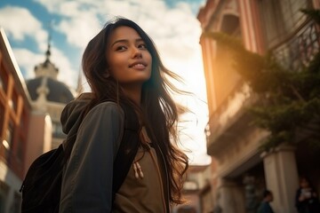 Chica joven asiática haciendo turismo sola, disfrutando de la vida. Concepto bloggera viajera. 
