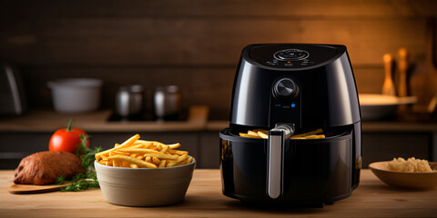 Black air fryer or oil free fryer appliance on the wooden table in the modern kitchen. AI generated.