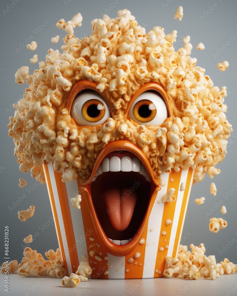 Poster a close up of a popcorn bucket with a face and eyes. generative ai