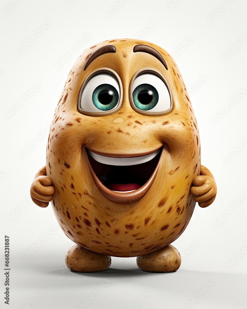 Poster a close up of a potato character with a big smile. generative ai