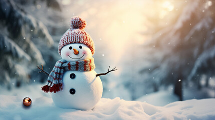 boneco de neve em fundo de inverno no natal  - obrazy, fototapety, plakaty