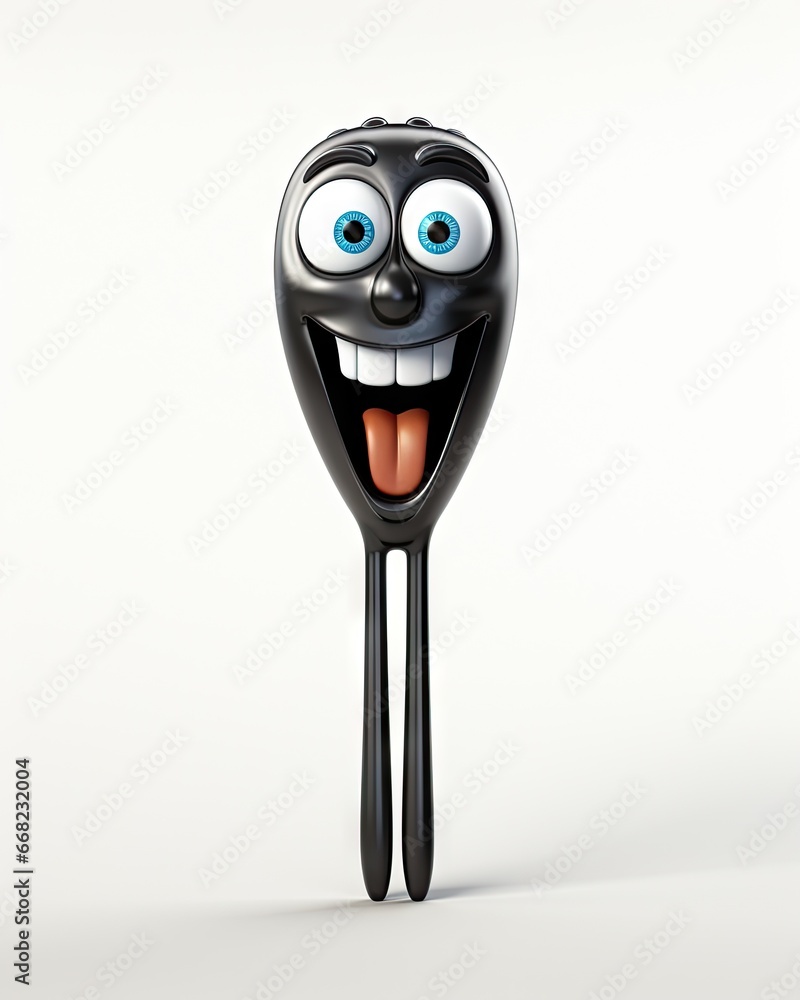 Poster a black spoon with a smiling face on it's side. generative ai