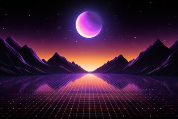 Futuristic retro landscape. Digital cyber surface with neon light grid. Sunset in cyber world. 80's and 90's retrowave, synthwave, vaporwave style. Design for poster, flyer, banner with copy space