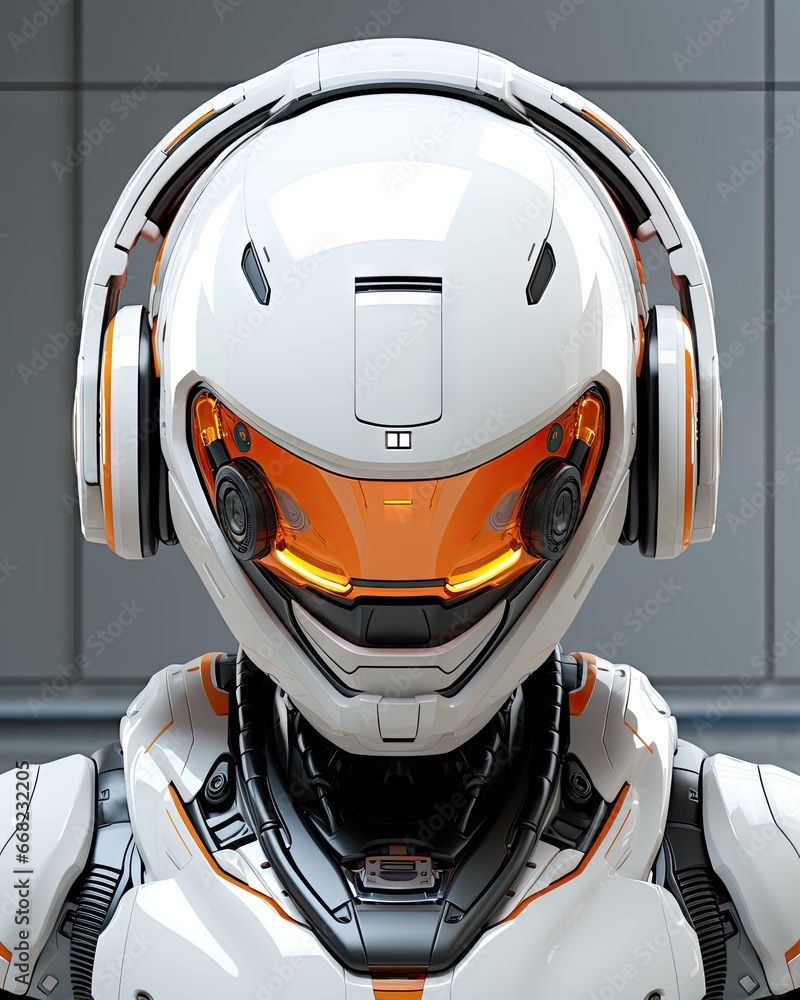Poster a robot with headphones on its face and a building in the background. generative ai