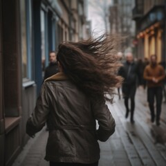 Girl running down street with her hair fluttering.  She is in hurry to work