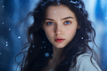 Woman with blue eyes and snow covered head.