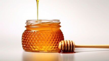 Glass pot of honey, honeycombs and sweet sticky honey puddle isolated on white background