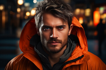 Man with beard and hooded jacket looking at the camera. - obrazy, fototapety, plakaty