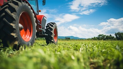 Red tractor parked in the morning field, tractor working in the field