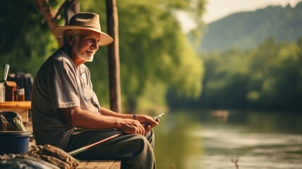 Old man sitting alone fishing beside the lake, old man and society, - obrazy, fototapety, plakaty