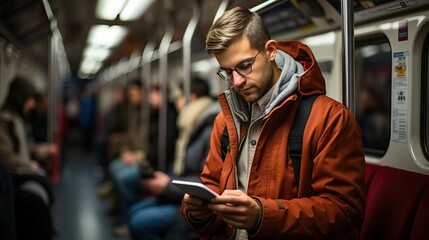 Fototapeta na wymiar Person Enjoying a Good Book During Subway Train Ride, Travel and Leisure Concept