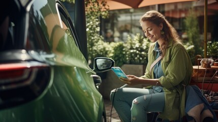 A woman uses a smartphone while charging an electric car, a woman and transportation, a woman and an electric car