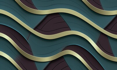 Geometric seamless 3D pattern in green with gold and gray elements. Waves series. 3d illustration, Generative AI