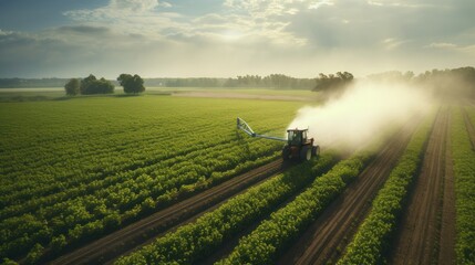 Drone view, tractor working spraying medicine on a wide field, tractor and agriculture - obrazy, fototapety, plakaty