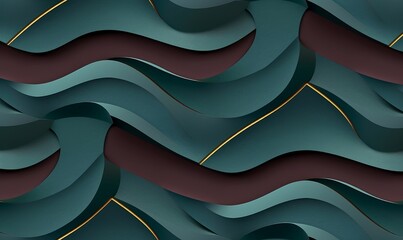 Geometric seamless 3D pattern in green with gold and gray elements. Waves series. 3d illustration, Generative AI