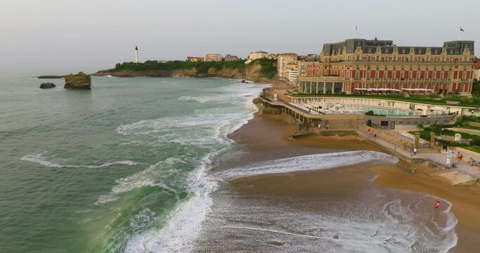 Aerial view of the beach and beachfront of the seaside town of Biarritz, France