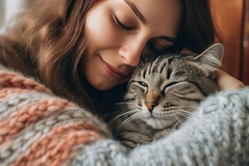 Woman Petting Her Beloved Cat, Expressing Affection and Companionship, Gentle and Heartwarming