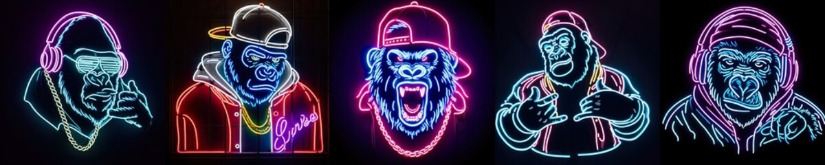 The gorilla rapper wearing sunglasses and a gold chain, standing in an upright position against a black background, with its colorful neon drawing shining vividly in the darkness.