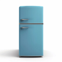 Vintage sea blue colored refrigerator freezer isolated on a white background. Retro pastel colored refrigerator for kitchen. front facing