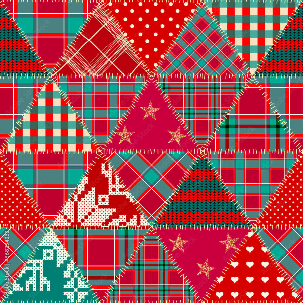 Poster patchwork textile pattern. seamless quilting design background. merry christmas cozy pattern.