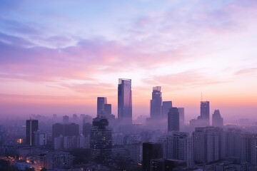 Fototapeta premium innovative architecture, beautiful urban landscape of modern city at sunrise with expressive sky and morning fog