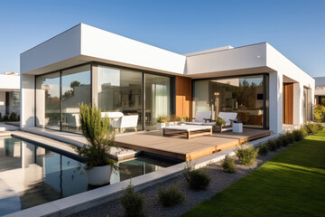 minimalist architectural solution of a modern house with a pool, a terrace and a lawn