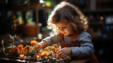  Child Examining the Delicate Beauty of a Flower, Curiosity and Nature Discovery Concept