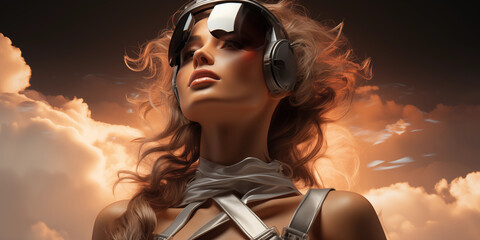 Super sexy Model Frau und Cyberspace Brille mit futuristischen Hintergrund über den Wolken mit fliegenden Haar, ai generativ