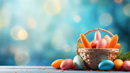 basket with colorful easter eggs and carrot - obrazy, fototapety, plakaty
