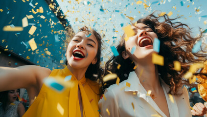  two women together with confetti