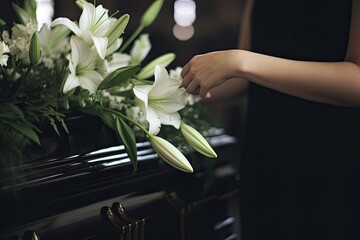 White lilies on the coffin lid. Black coffin and white flowers. Farewell and burial ceremony.