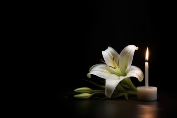 White lily and burning candle. Flower and candle.