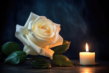 Fototapeta na wymiar White rose and burning candle. A flower and a candle are a symbol of memory and grief.
