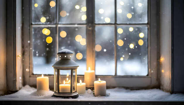 Winter scene with candles and lantern in front of an old window, generated image