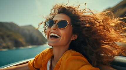 mulher feliz aproveitando a viagem de verão na Itália, aventura luxuosa em cabrio, riqueza e estilo de vida de liberdade