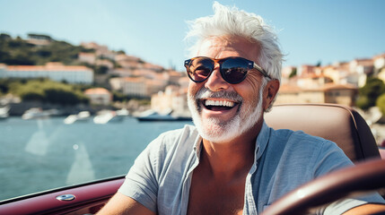 Homem sênior feliz aproveitando a viagem de verão na Itália, aventura luxuosa em cabrio, riqueza e estilo de vida de liberdade - obrazy, fototapety, plakaty