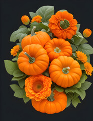 Obraz na płótnie Canvas 3D realistic Bouquet of Pumpkins and Flowers Party ,illustration present a group of pumpkins gather together for a festive celebration, surrounded by colorful autumn leaves and flowers. Generative AI.
