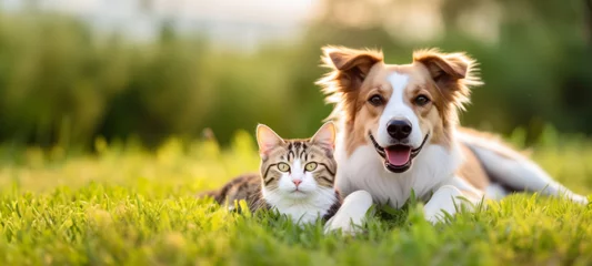 Poster Cute dog and cat lying together on a green grass field nature in a spring sunny background © chiew