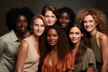 Obraz premium Group portrait of cheerful young diverse multiethnic women and men. Beautiful friends smiling at camera while posing together. Diversity, beauty, friendship concept. Isolated over grey background.