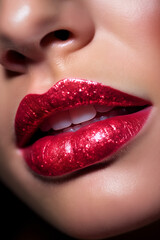 Close up of red lips with glitter lipstick